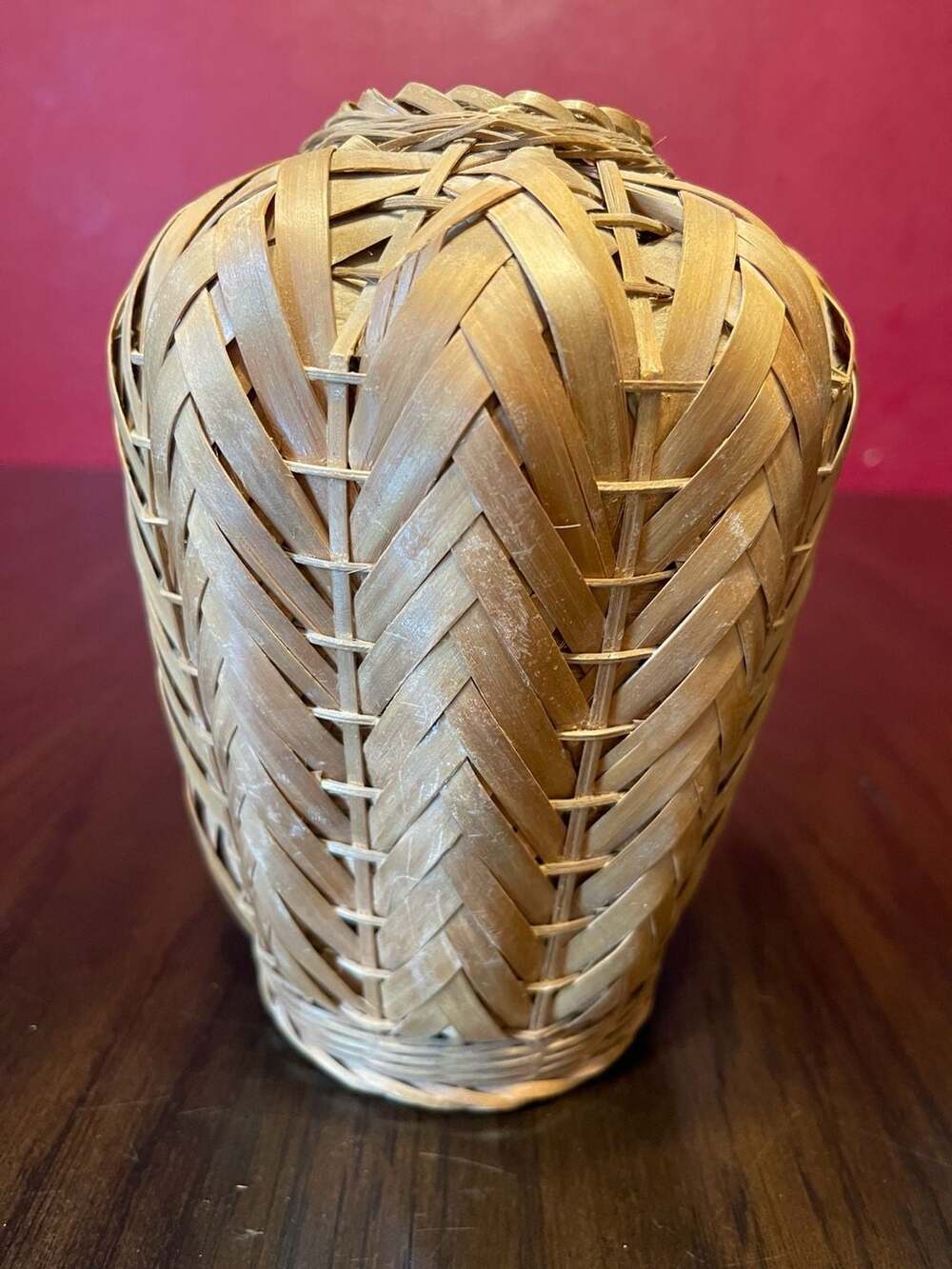 Vintage Handwoven Bamboo and Rattan Urn Vase